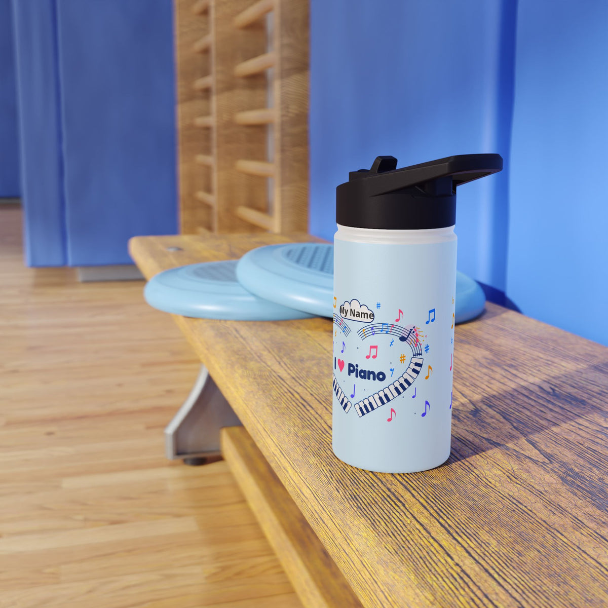 Music-themed Stainless Steel Water Bottle, Standard Lid: 'I love piano' heart - blue
