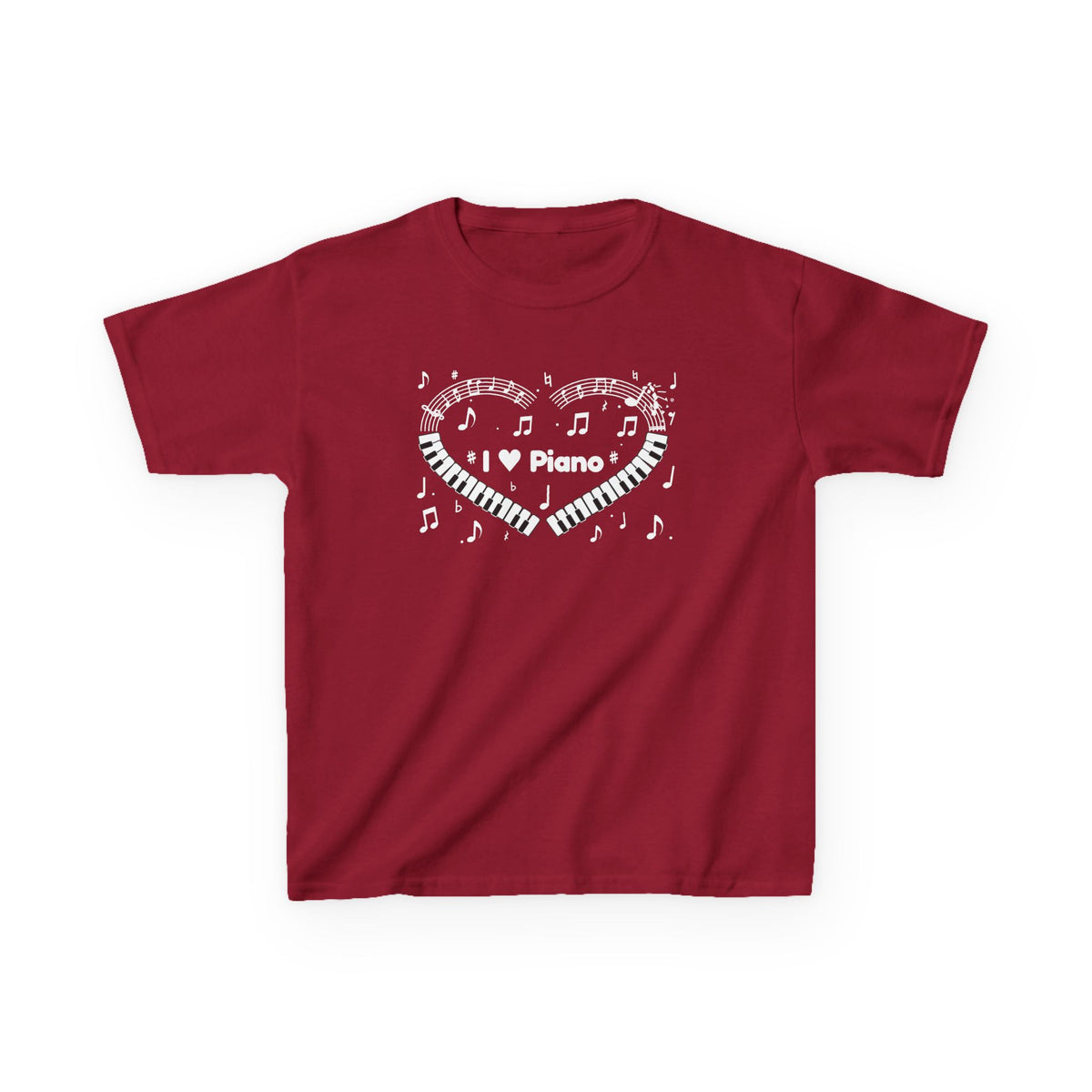 Music-themed Kids Heavy Cotton Tee: 'I love piano' heart - black & white