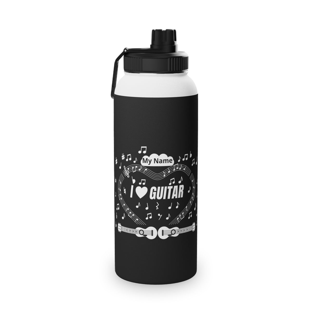 Music-themed Stainless Steel Water Bottle, Sports Lid: 'I love guitar' - black & white