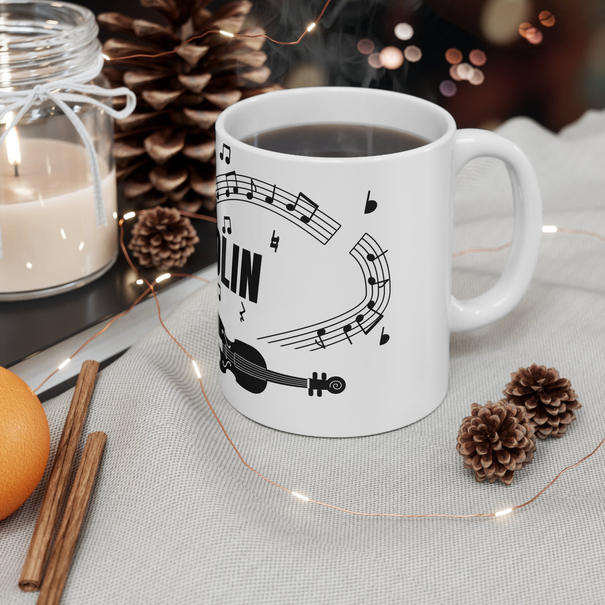 Music-themed Ceramic Mug, 11oz, 15oz: 'I love violin' - black on white