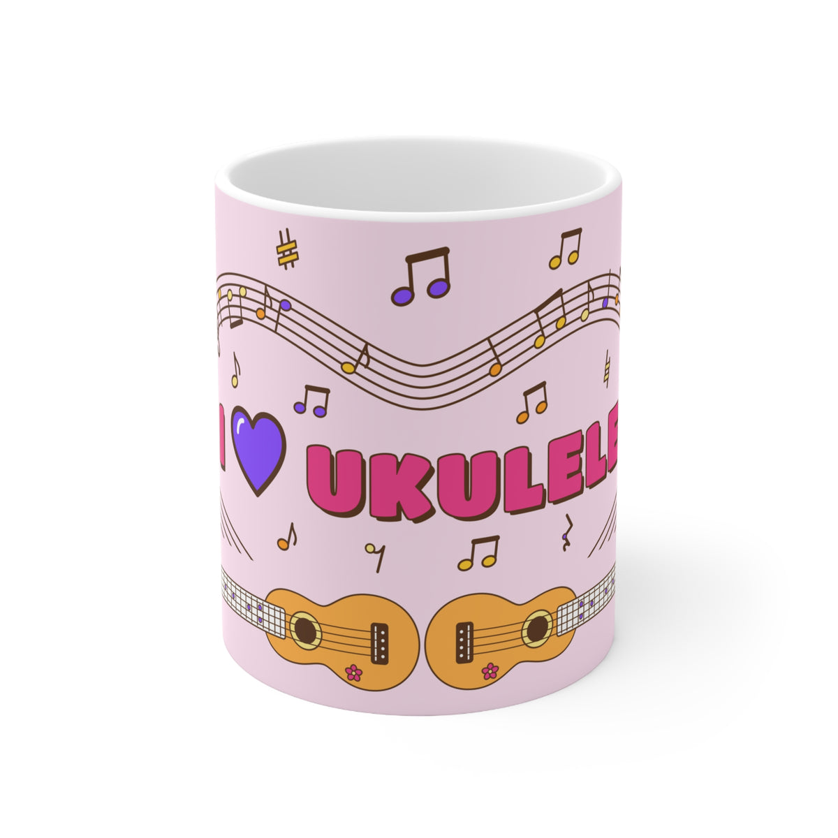 Music-themed Ceramic Mug, 11oz, 15oz: 'I love ukulele' - pink