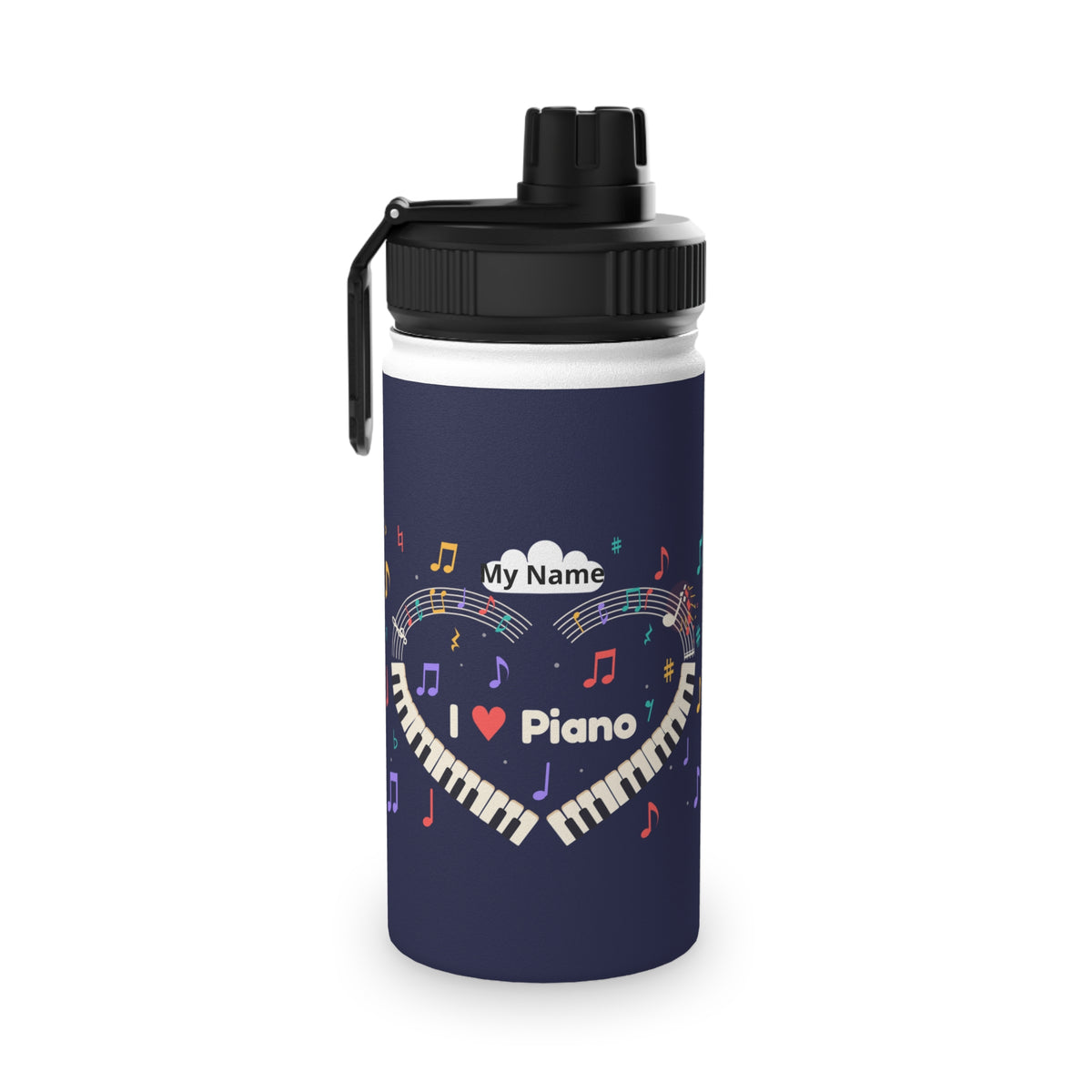 Music-themed Stainless Steel Water Bottle, Sports Lid: 'I love piano' heart - navy