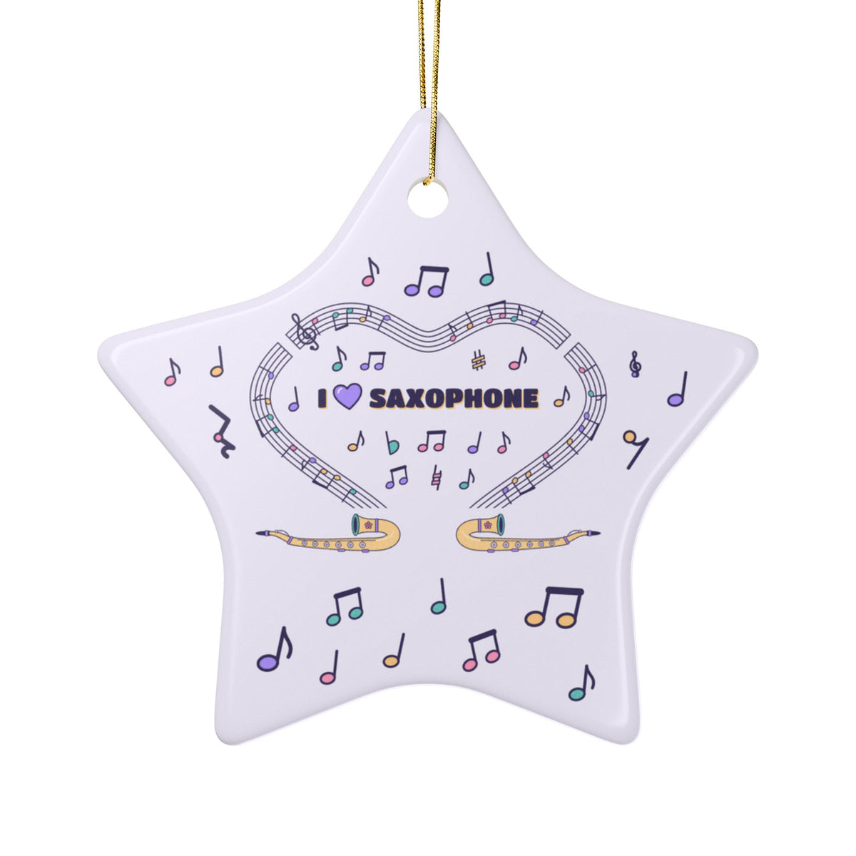 Music-themed Ceramic Ornaments, 2-Side Print: 'I love saxophone' - violet