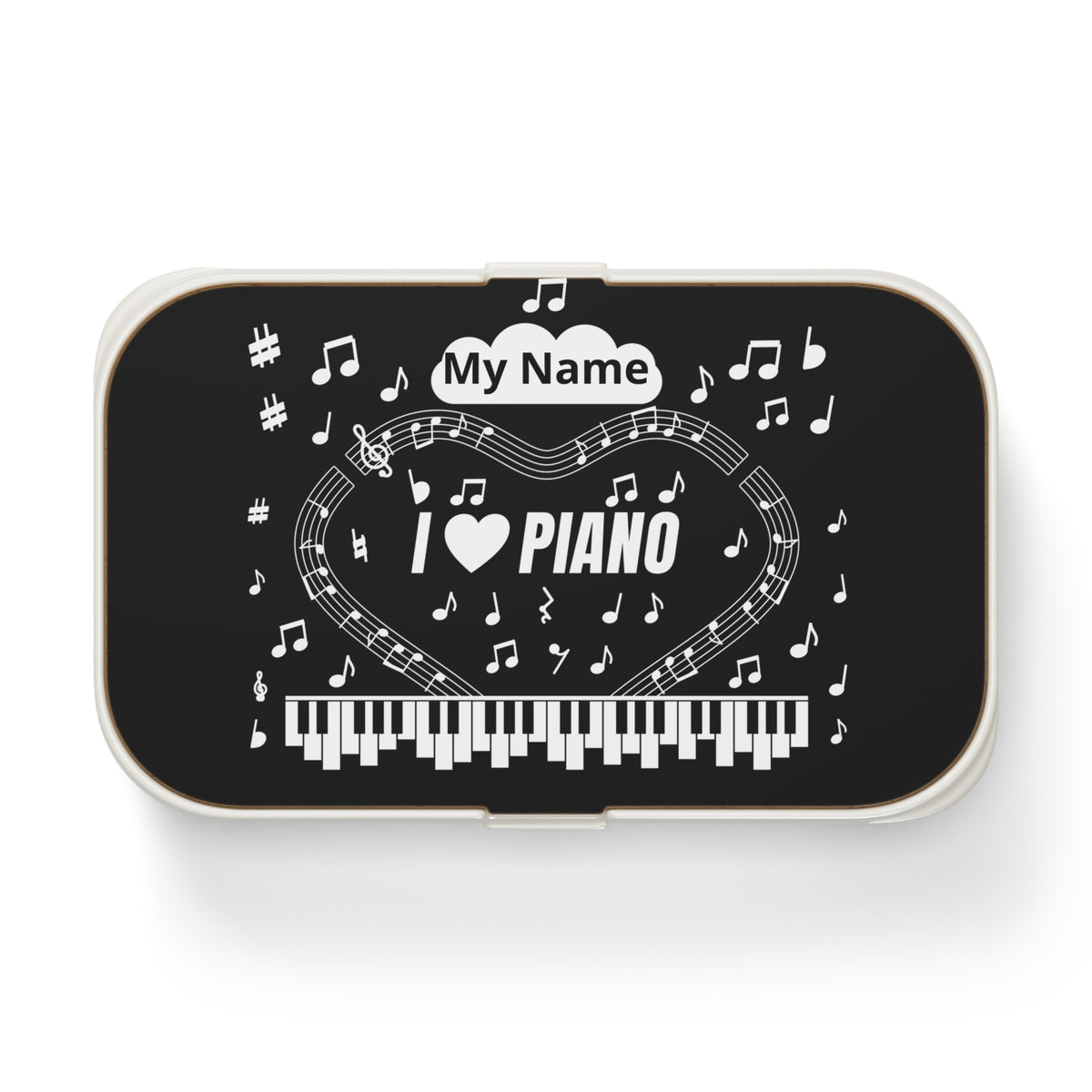Music-themed Bento Lunch Box: 'I love piano' - black & white