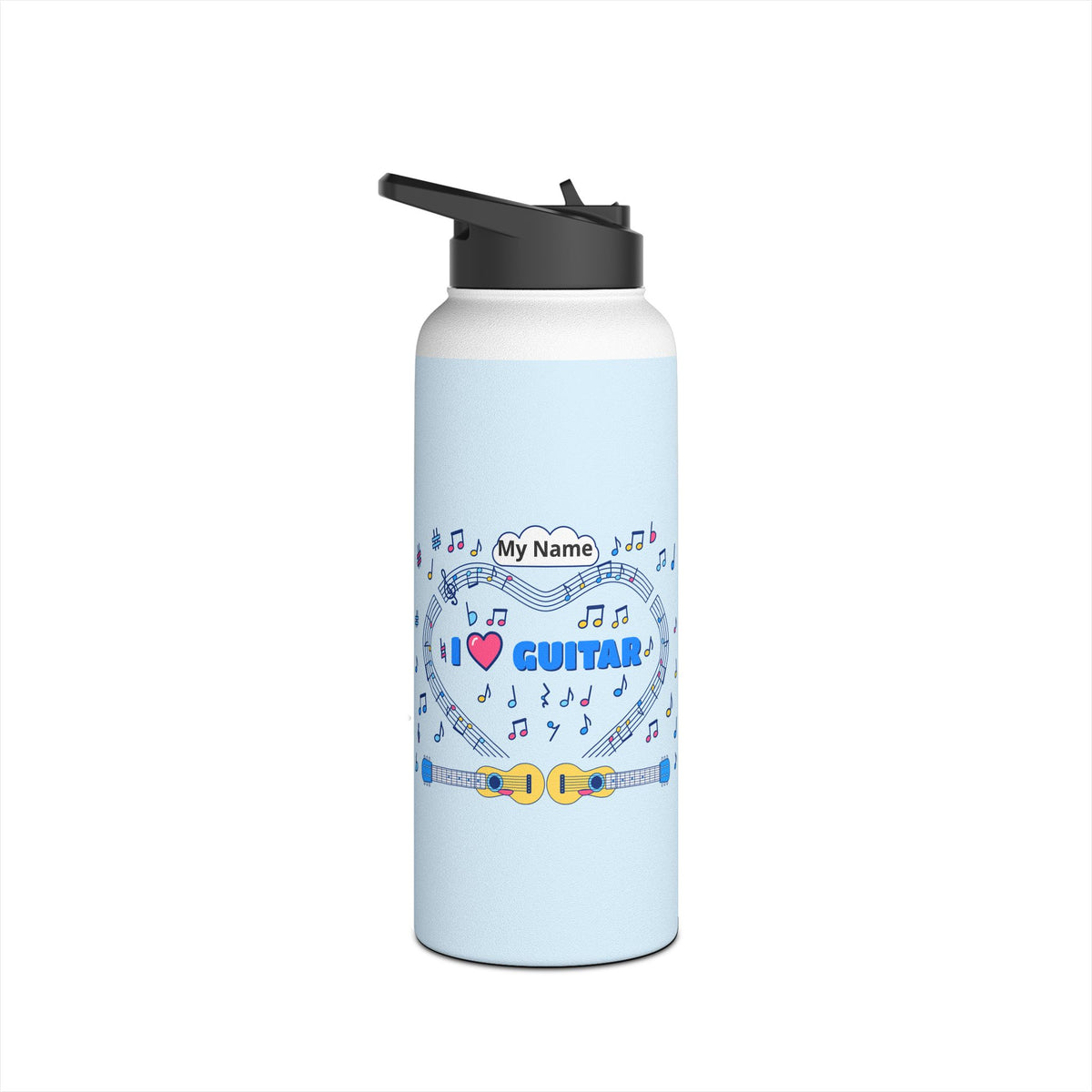 Music-themed Stainless Steel Water Bottle, Standard Lid: 'I love guitar' - blue
