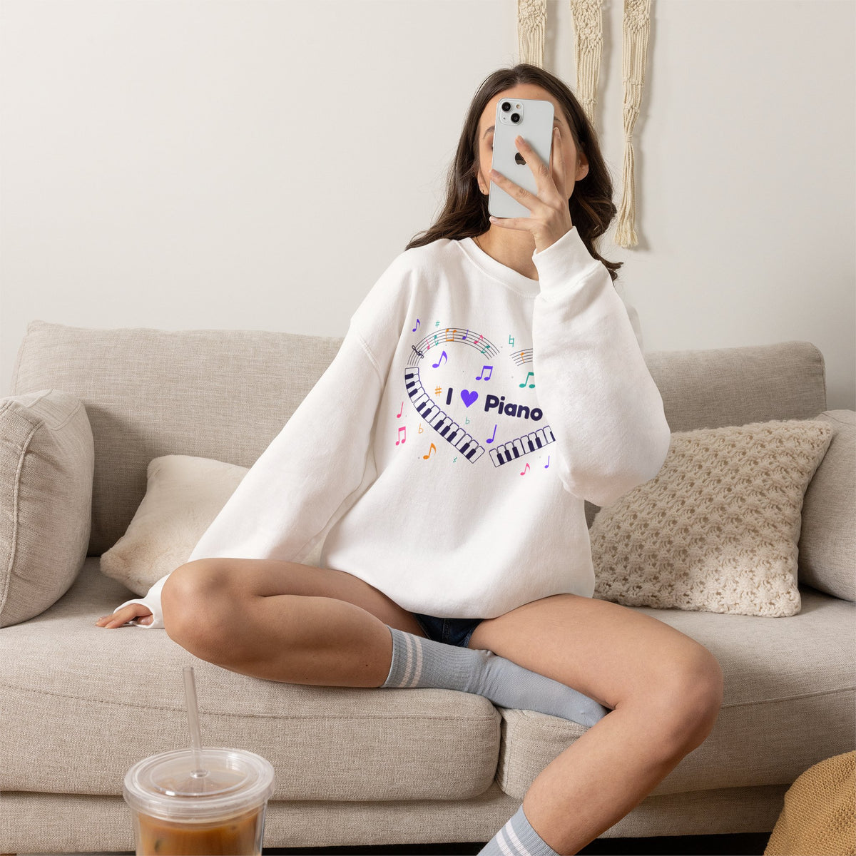 Music-themed Unisex Heavy Blend Crewneck Sweatshirt: 'I love piano' heart - violet