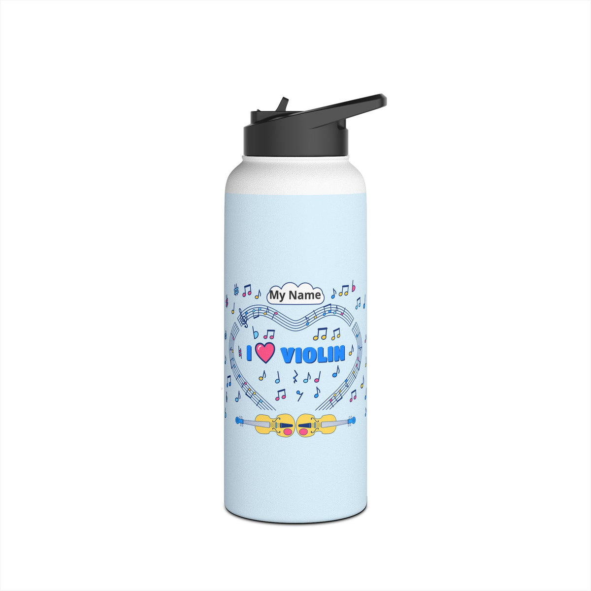 Music-themed Stainless Steel Water Bottle, Standard Lid: 'I love violin' - blue