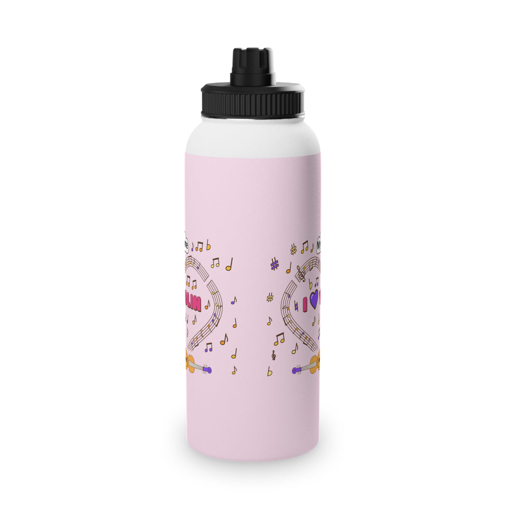 Music-themed Stainless Steel Water Bottle, Sports Lid: 'I love violin' - pink