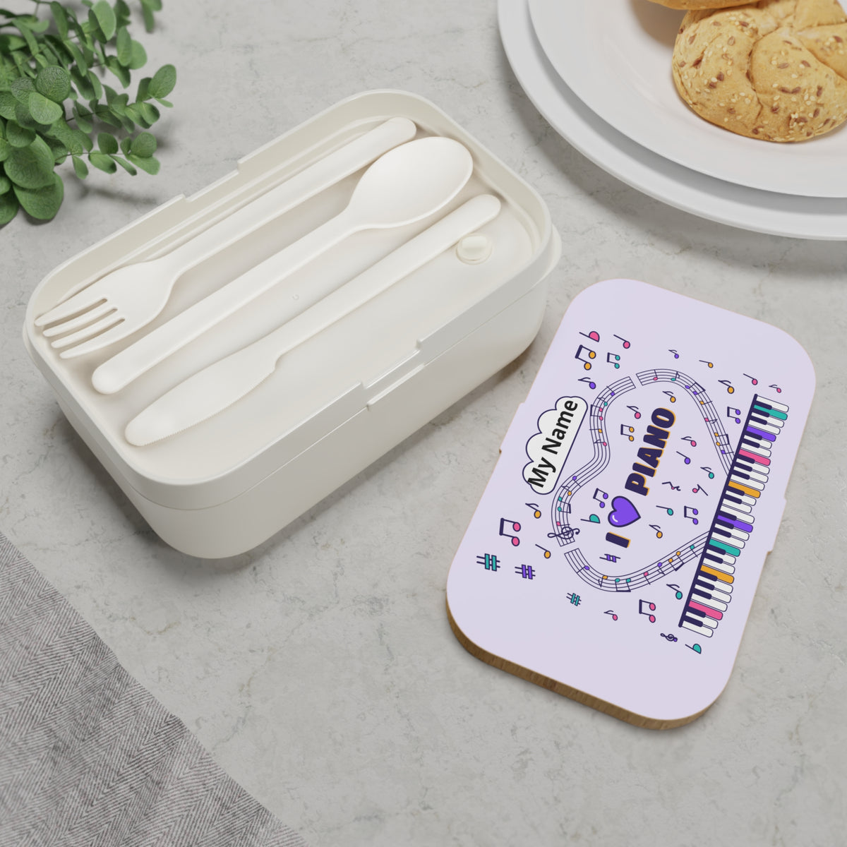 Music-themed Bento Lunch Box: 'I love piano' - violet