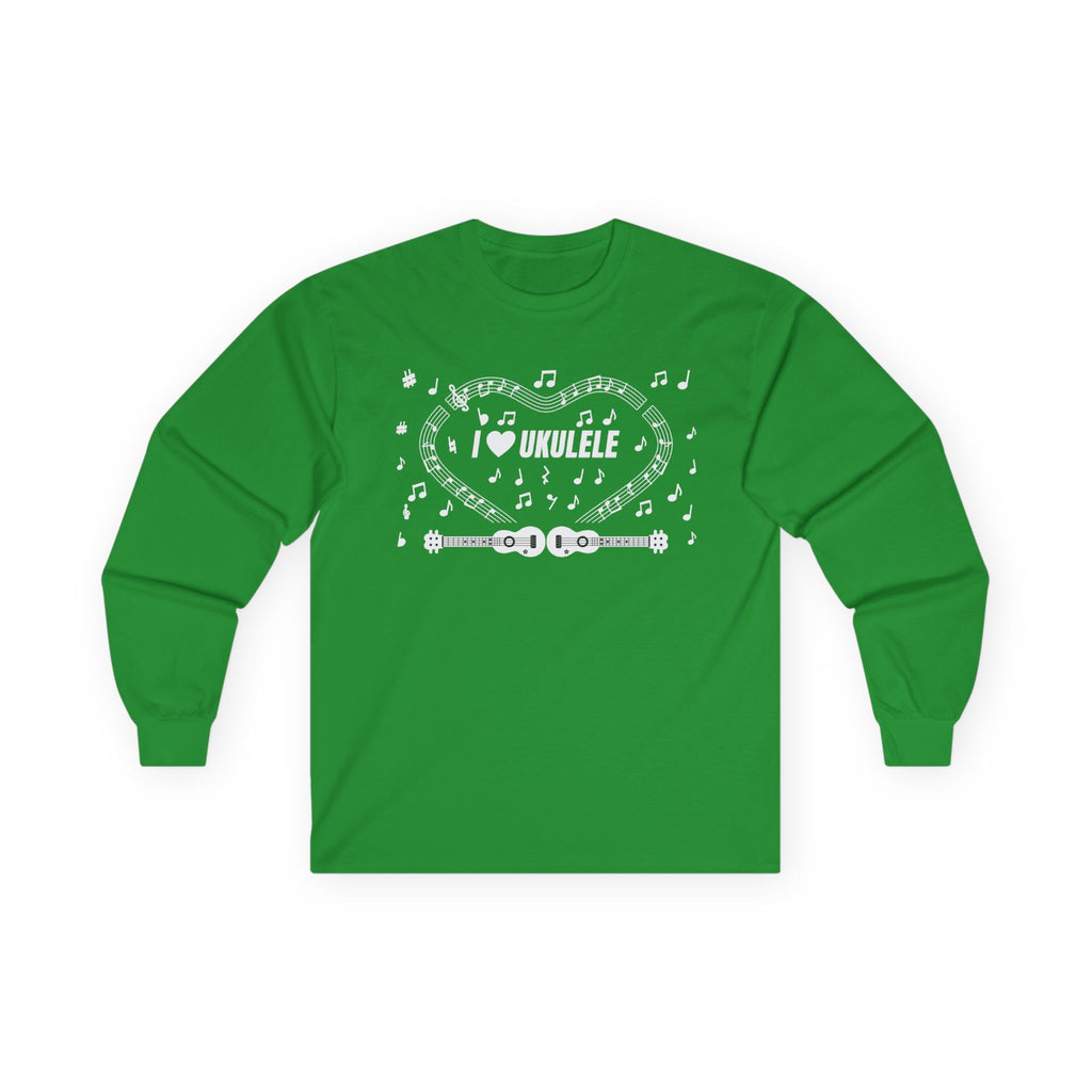 Music-themed Unisex Ultra Cotton Long Sleeve Tee: 'I love ukulele' - black & white
