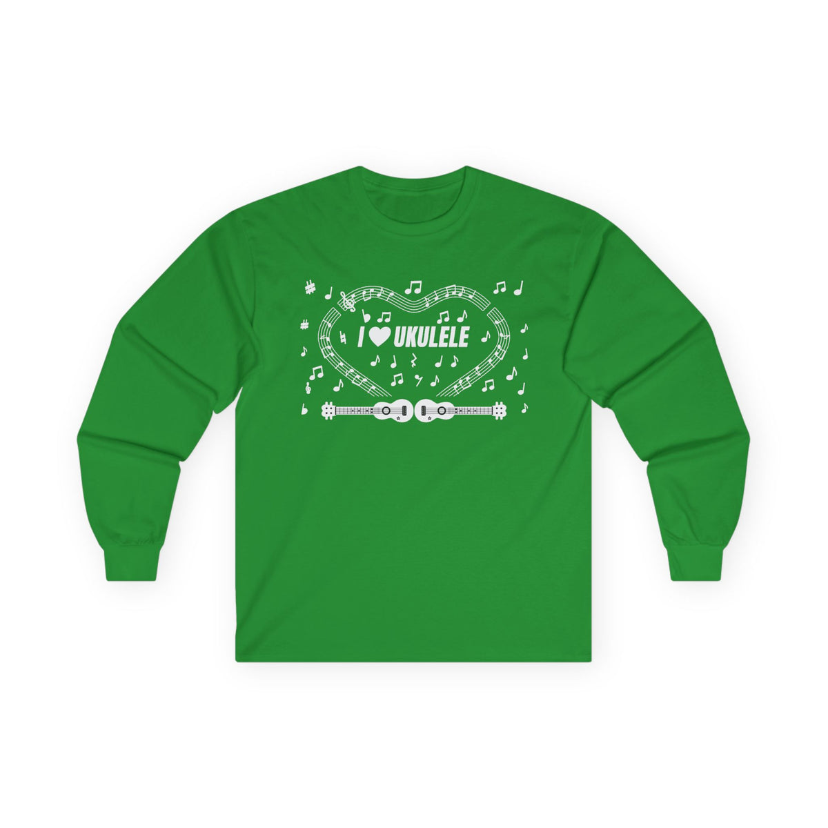 Music-themed Unisex Ultra Cotton Long Sleeve Tee: 'I love ukulele' - black & white