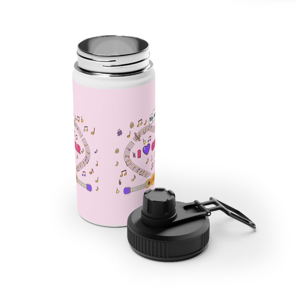 Music-themed Stainless Steel Water Bottle, Sports Lid: 'I love guitar' - pink