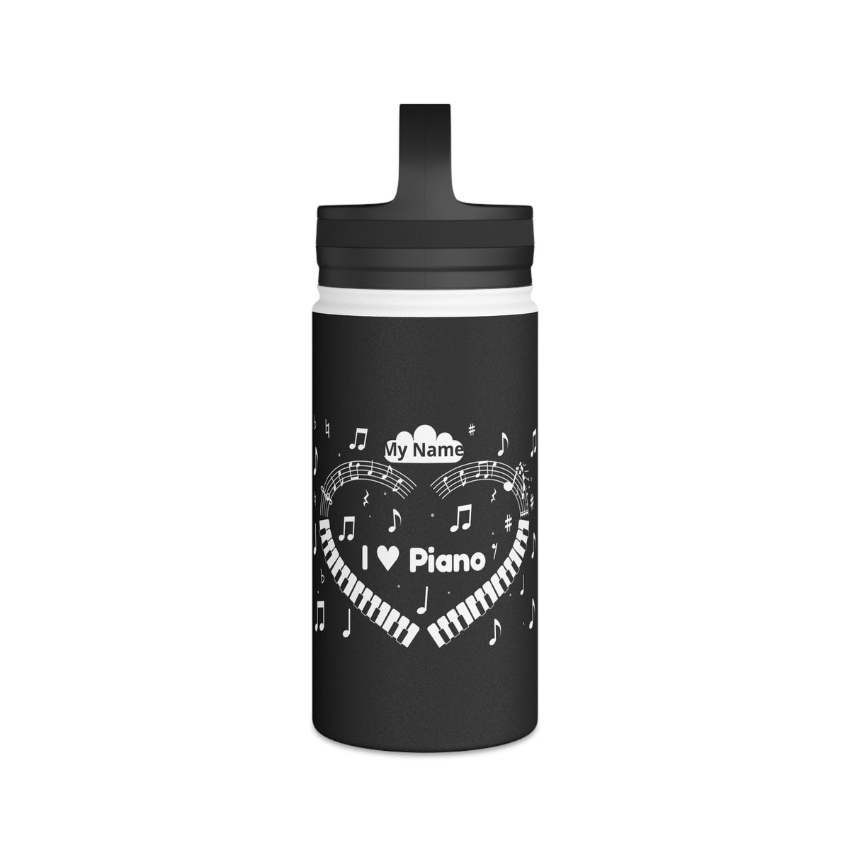 Music-themed Stainless Steel Water Bottle, Handle Lid: 'I love piano' heart - black & white