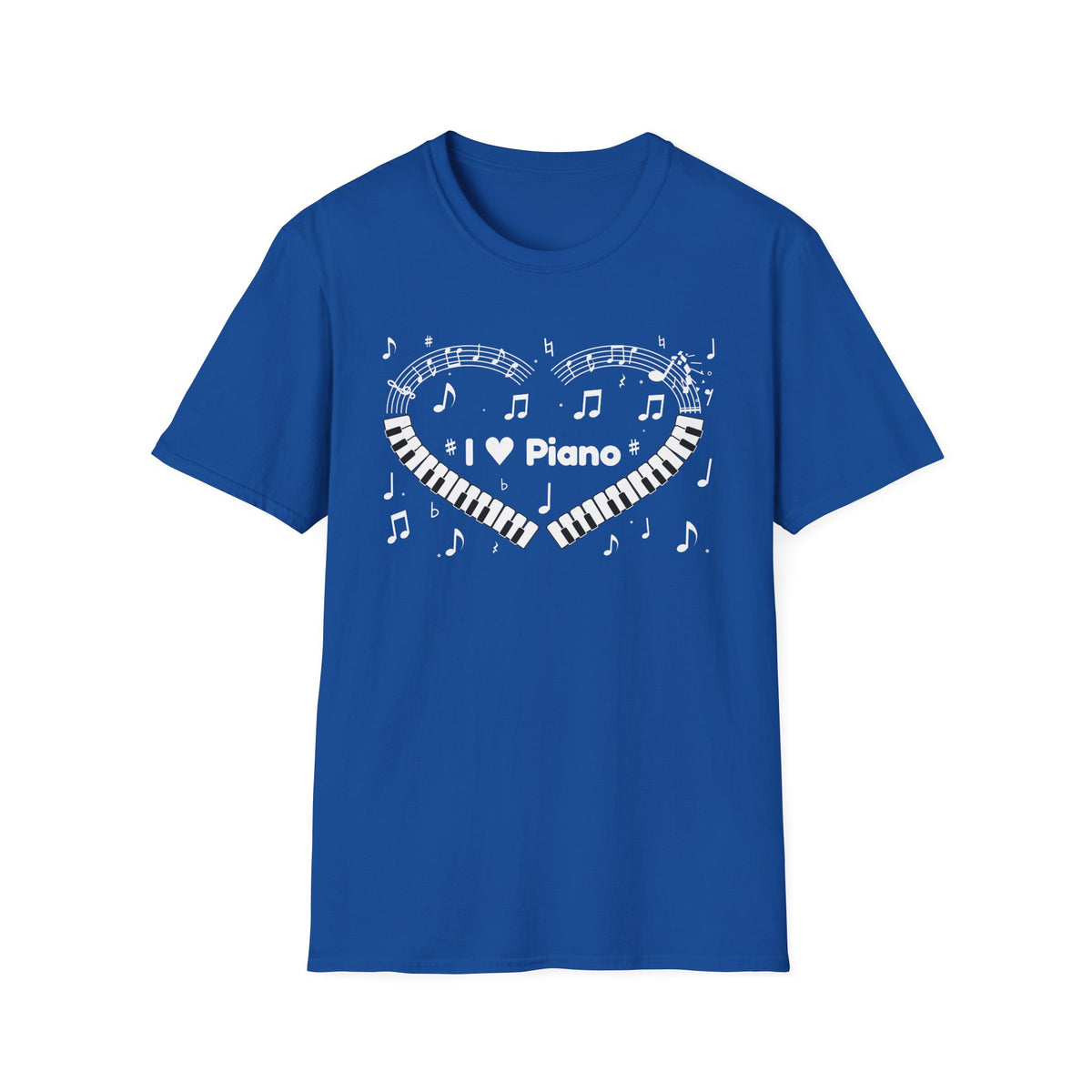 Music-themed Unisex Softstyle T-Shirt: 'I love piano' heart - black & white