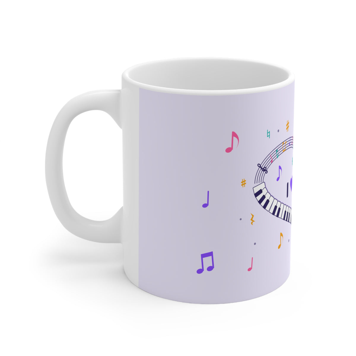 Music-themed Ceramic Mug, 11oz, 15oz: 'I love piano' heart - violet