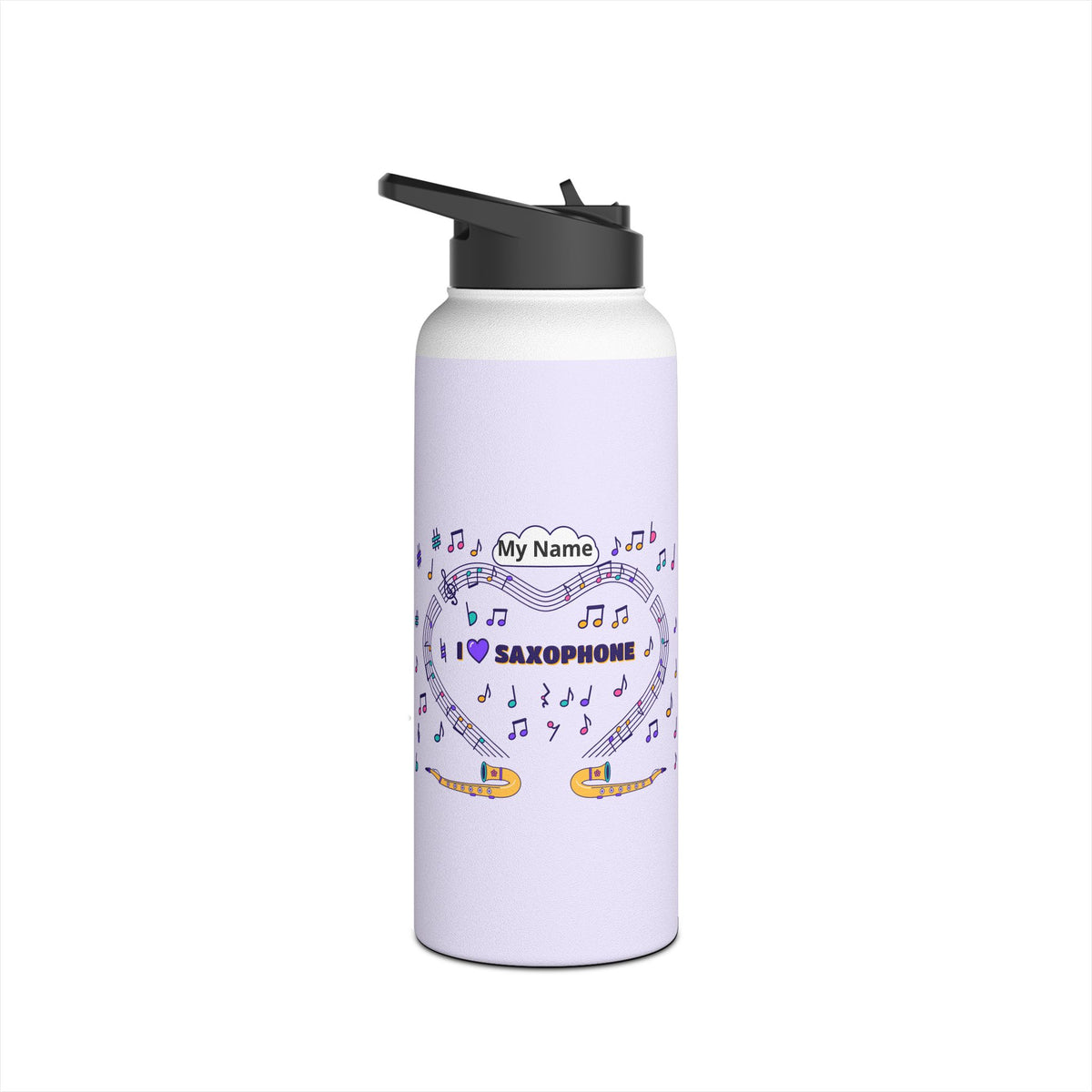 Music-themed Stainless Steel Water Bottle, Standard Lid: 'I love saxophone' - violet