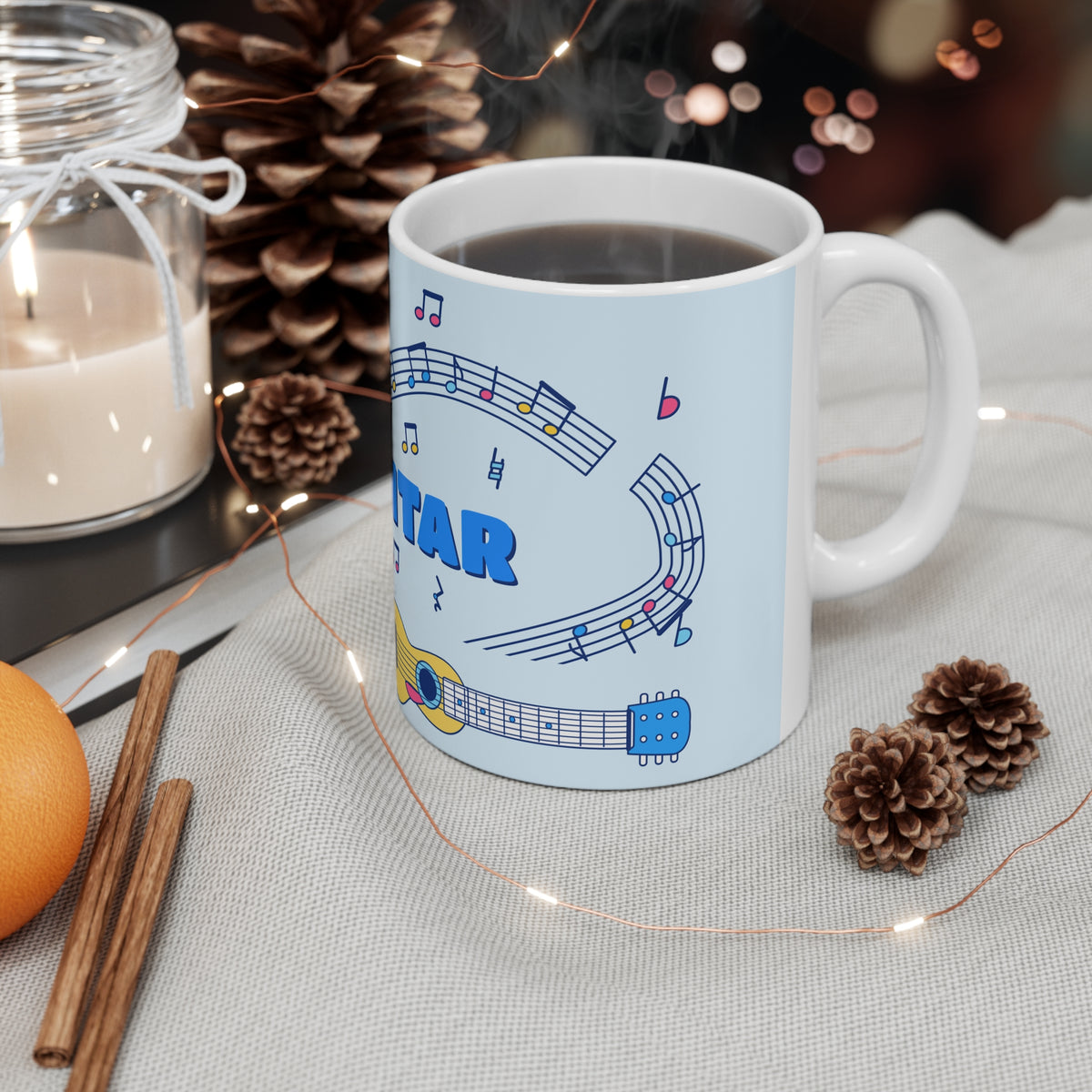Music-themed Ceramic Mug, 11oz, 15oz: 'I love guitar' - blue