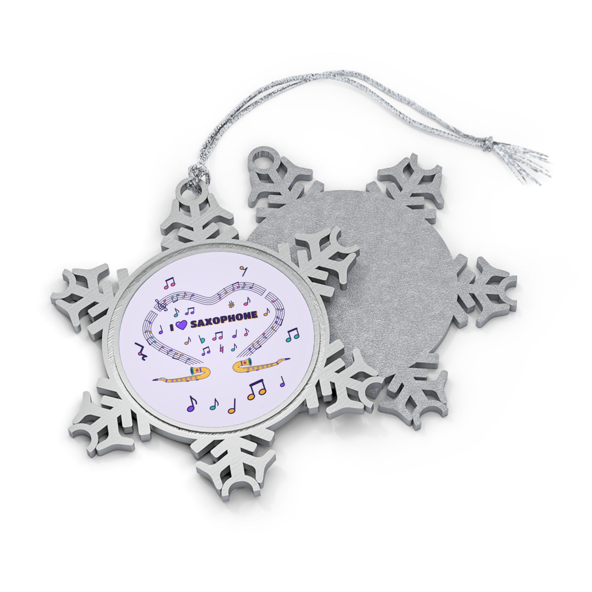Music-themed Pewter Snowflake Ornament: 'I love saxophone' - violet