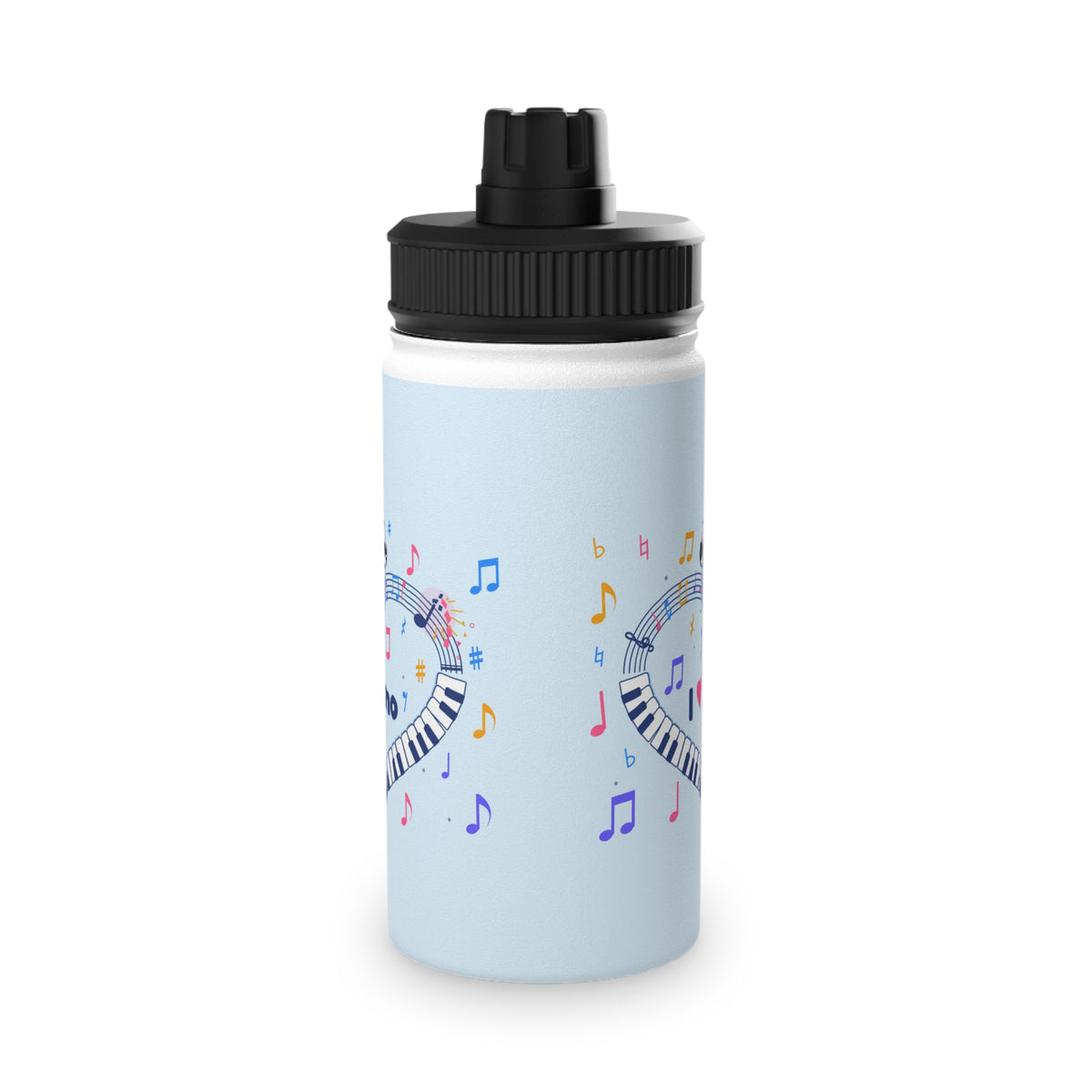 Music-themed Stainless Steel Water Bottle, Sports Lid: 'I love piano' heart - blue