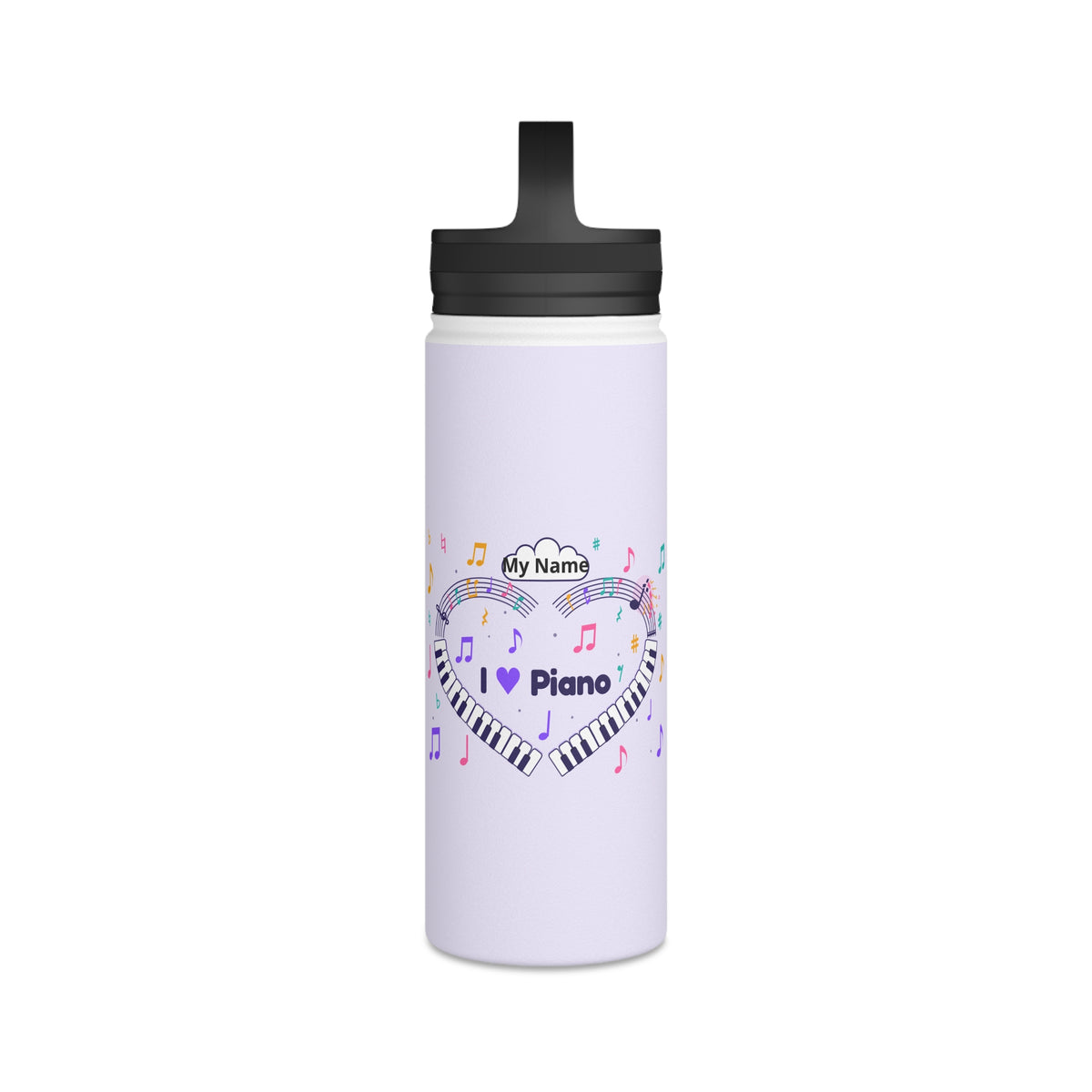 Music-themed Stainless Steel Water Bottle, Handle Lid: 'I love piano' heart - violet