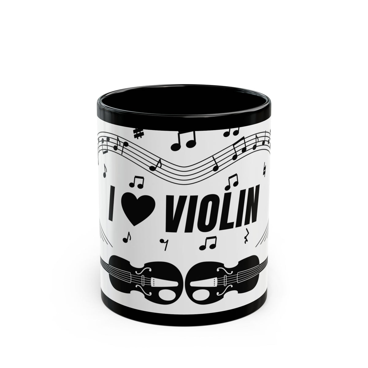 Music-themed Black Mug (11oz, 15oz): 'I love violin' - black on white