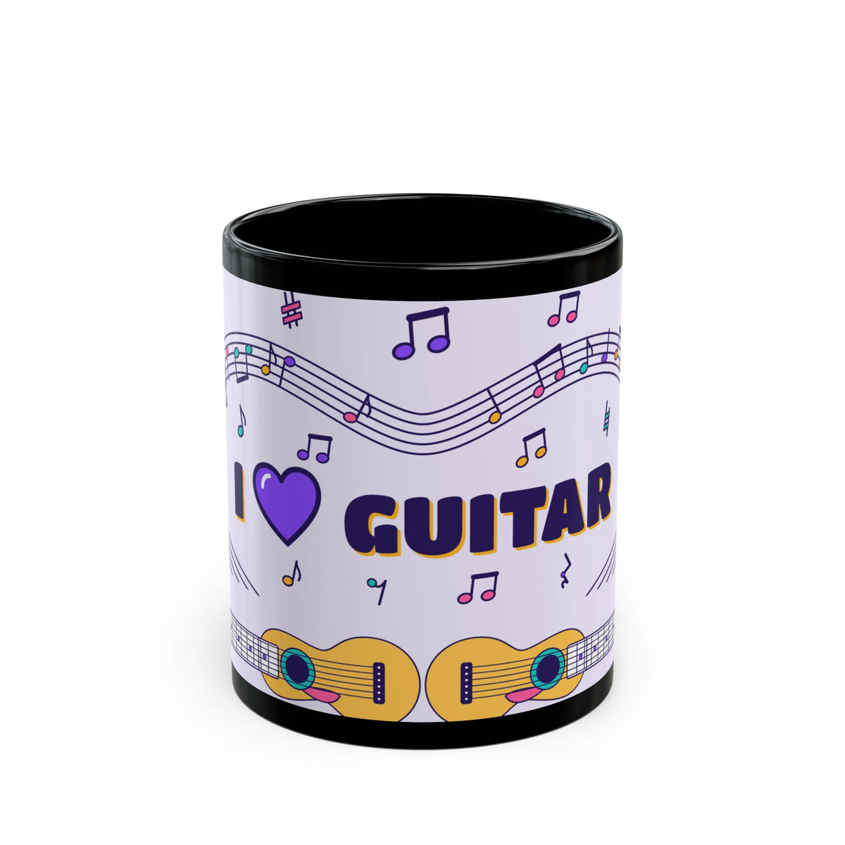 Music-themed Black Mug (11oz, 15oz): 'I love guitar' - violet