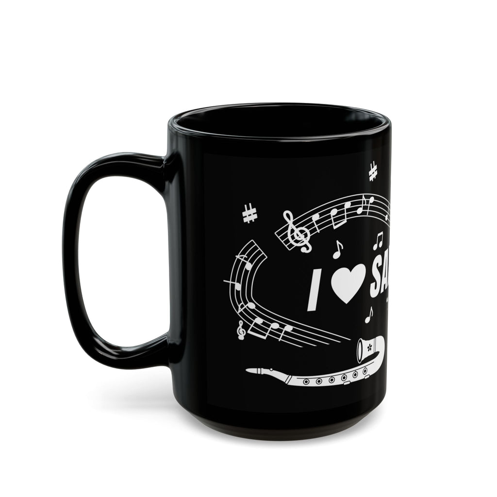 Music-themed Black Mug (11oz, 15oz): 'I love saxophone' - black & white