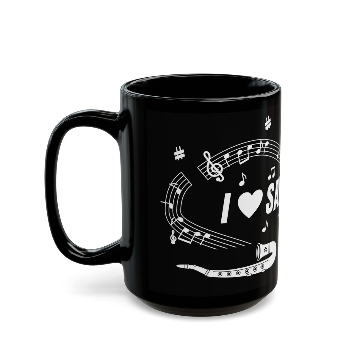 Music-themed Black Mug (11oz, 15oz): 'I love saxophone' - black & white
