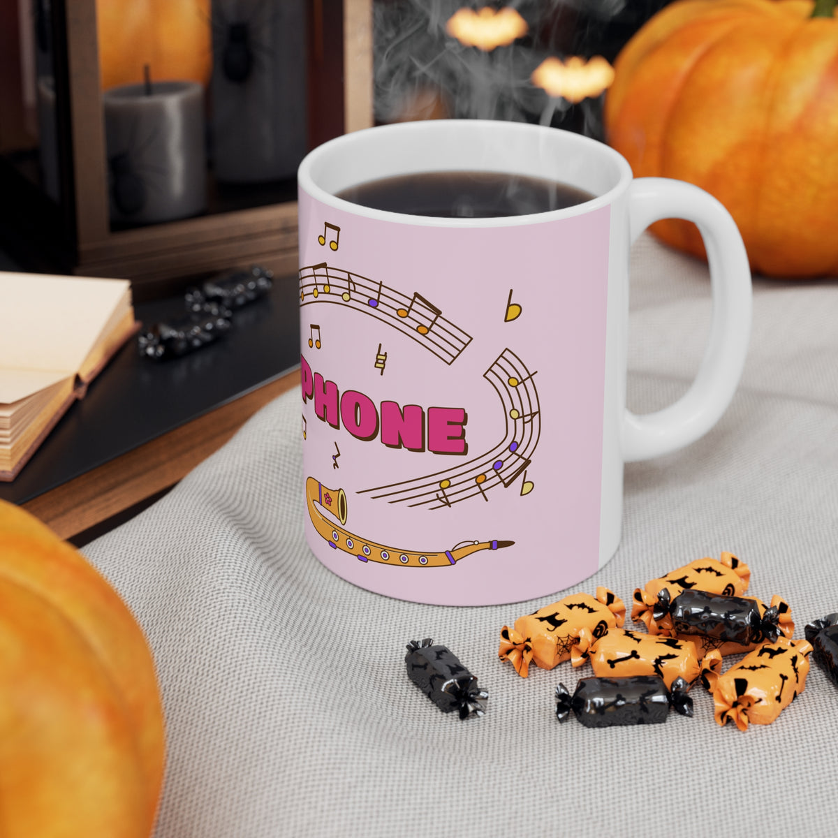 Music-themed Ceramic Mug, 11oz, 15oz: 'I love saxophone' - pink