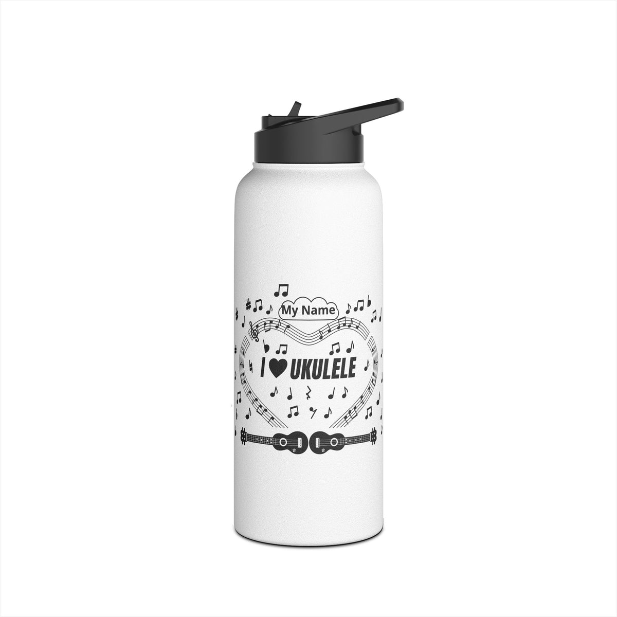 Music-themed Stainless Steel Water Bottle, Standard Lid: 'I love ukulele' - black on white