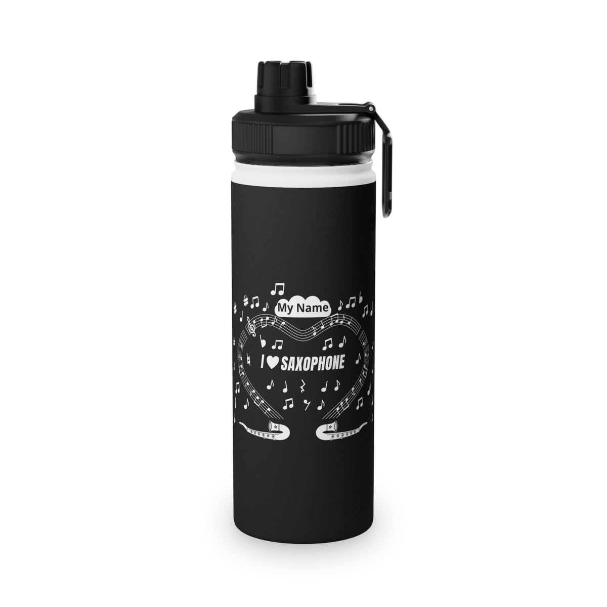 Music-themed Stainless Steel Water Bottle, Sports Lid: 'I love saxophone' - black & white