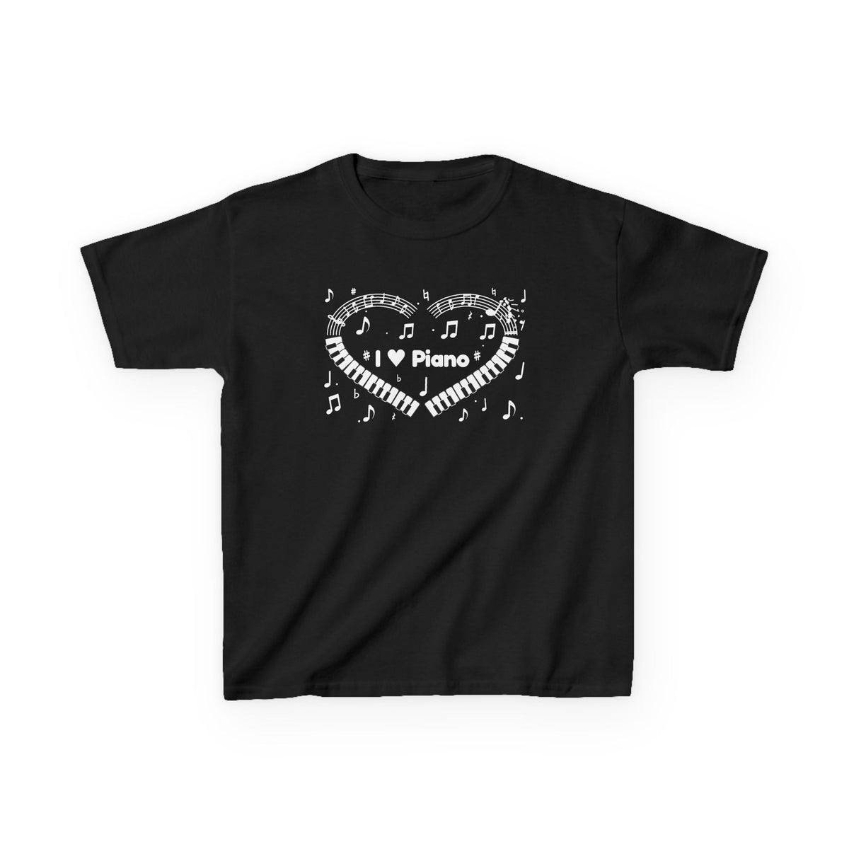 Music-themed Kids Heavy Cotton Tee: 'I love piano' heart - black & white