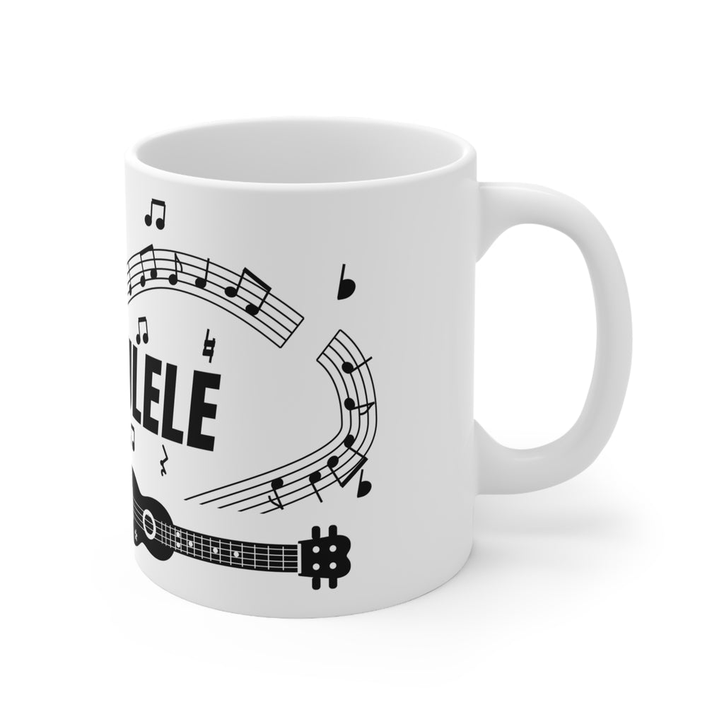 Music-themed Ceramic Mug, 11oz, 15oz: 'I love ukulele' - black on white