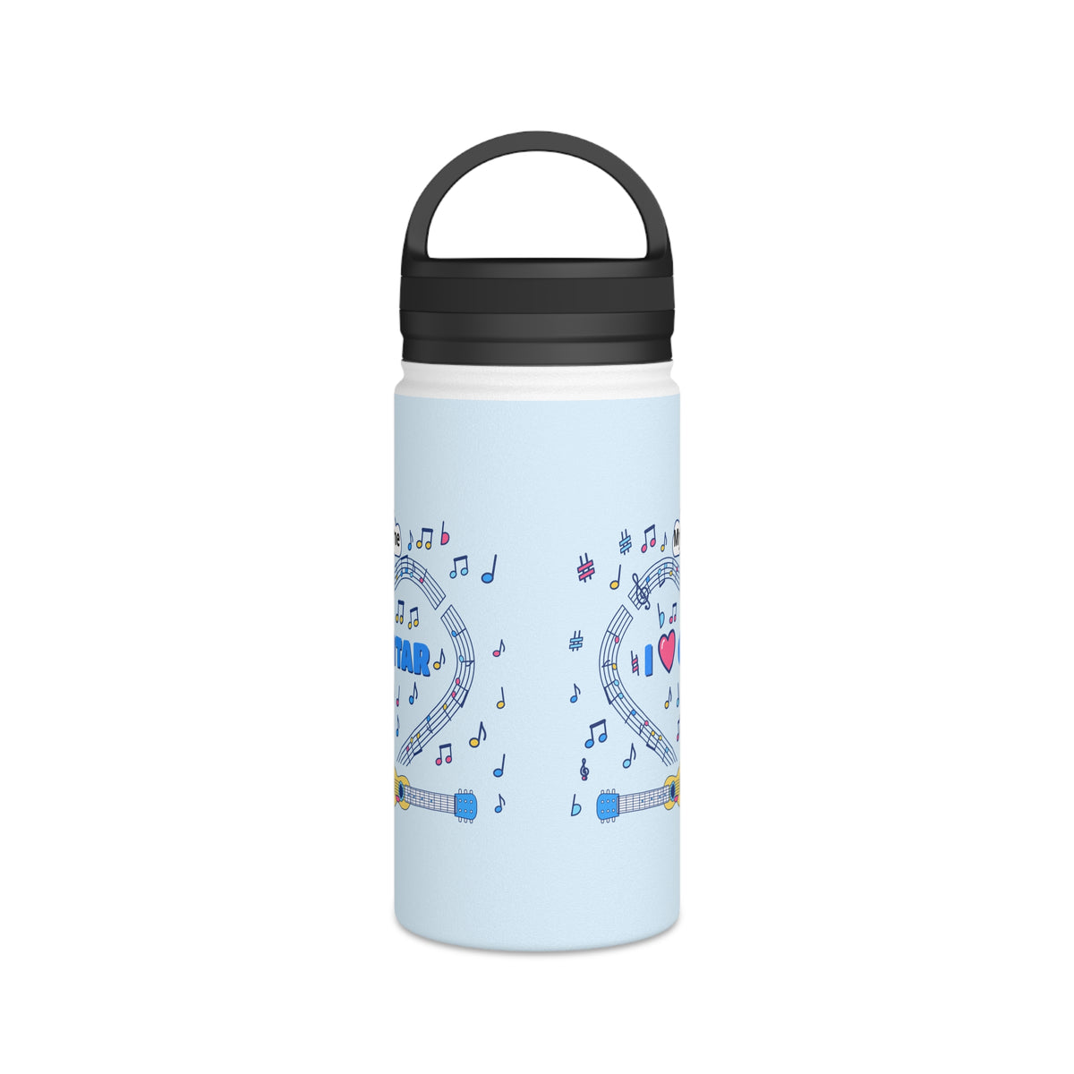Music-themed Stainless Steel Water Bottle, Handle Lid: 'I love guitar' - blue