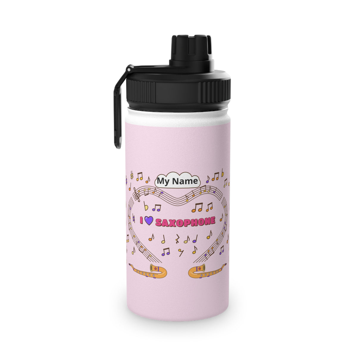 Music-themed Stainless Steel Water Bottle, Sports Lid: 'I love saxophone' - pink