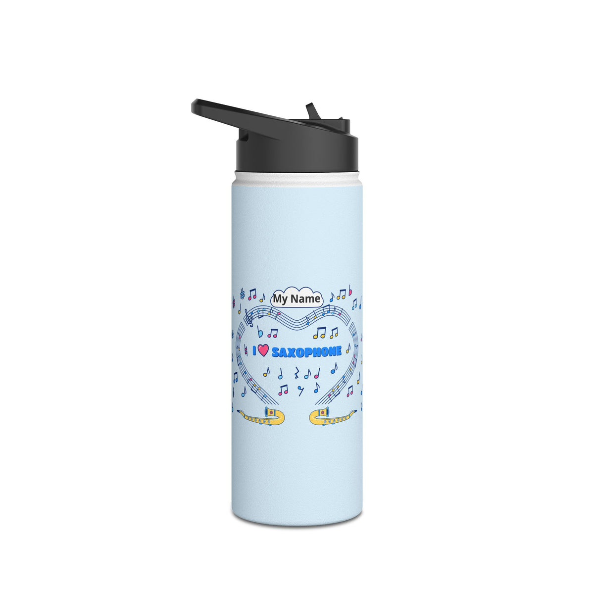 Music-themed Stainless Steel Water Bottle, Standard Lid: 'I love saxophone' - blue