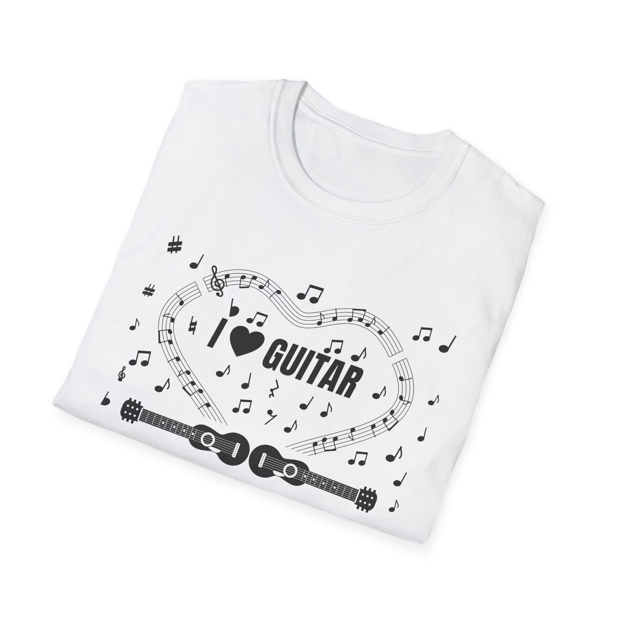 Music-themed Unisex Softstyle T-Shirt: 'I love guitar' - black on white