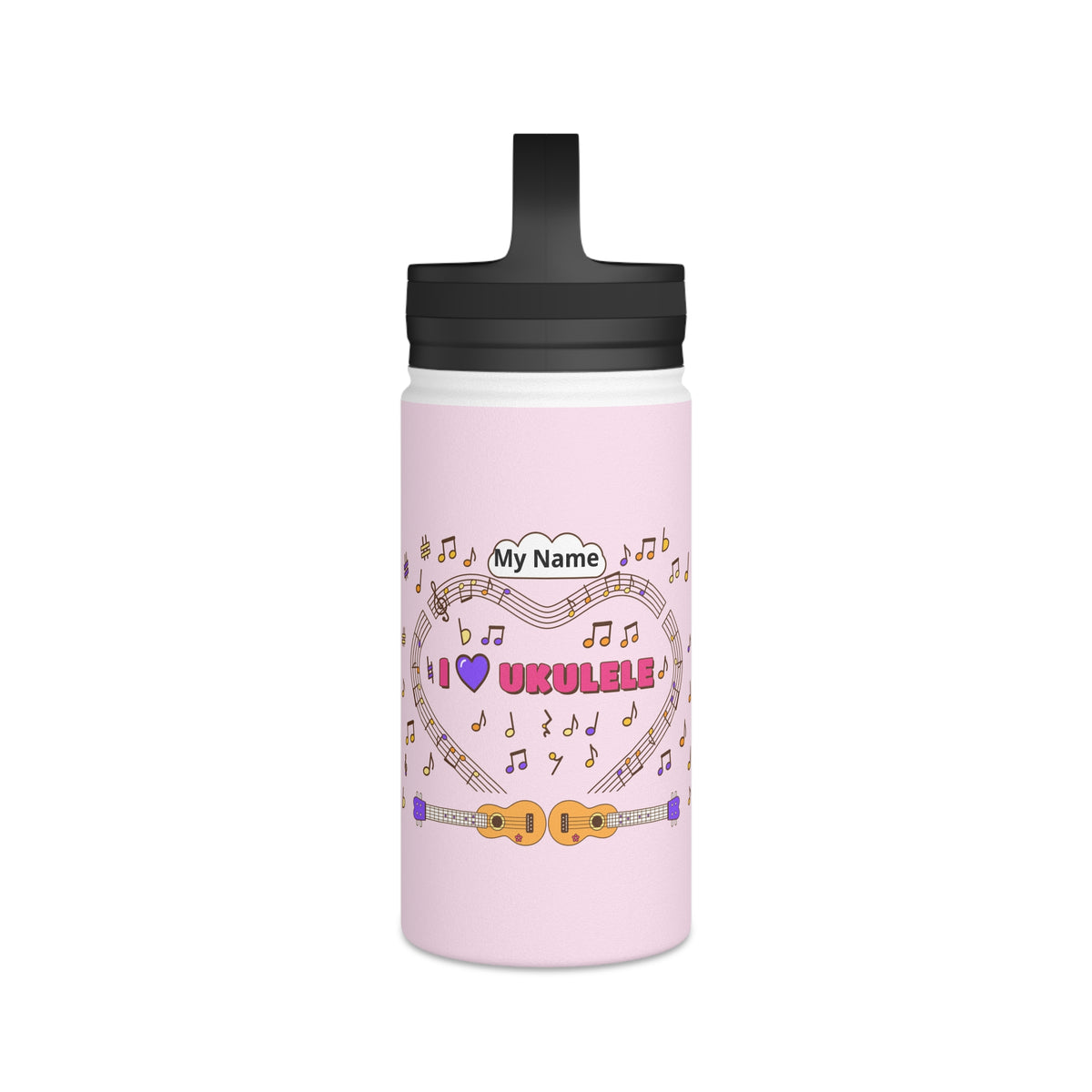 Music-themed Stainless Steel Water Bottle, Handle Lid: 'I love ukulele' - pink