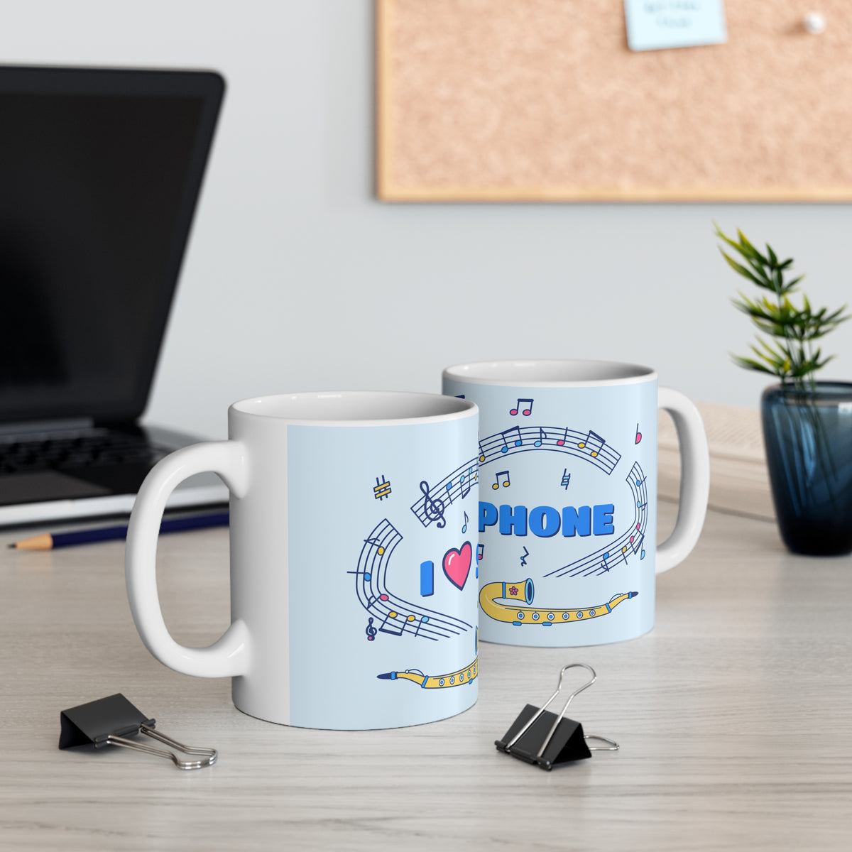 Music-themed Ceramic Mug, 11oz, 15oz: 'I love saxophone' - blue