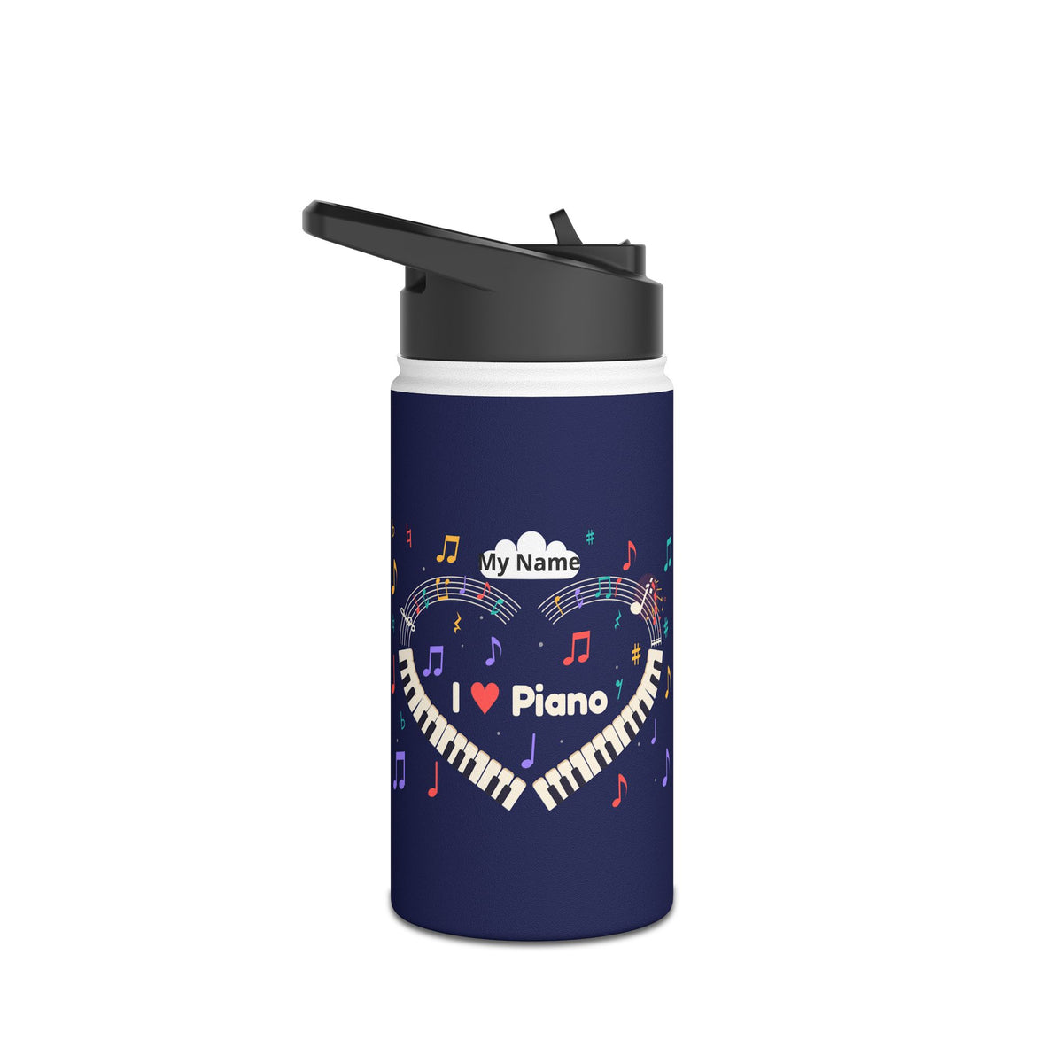 Music-themed Stainless Steel Water Bottle, Standard Lid: 'I love piano' heart - navy