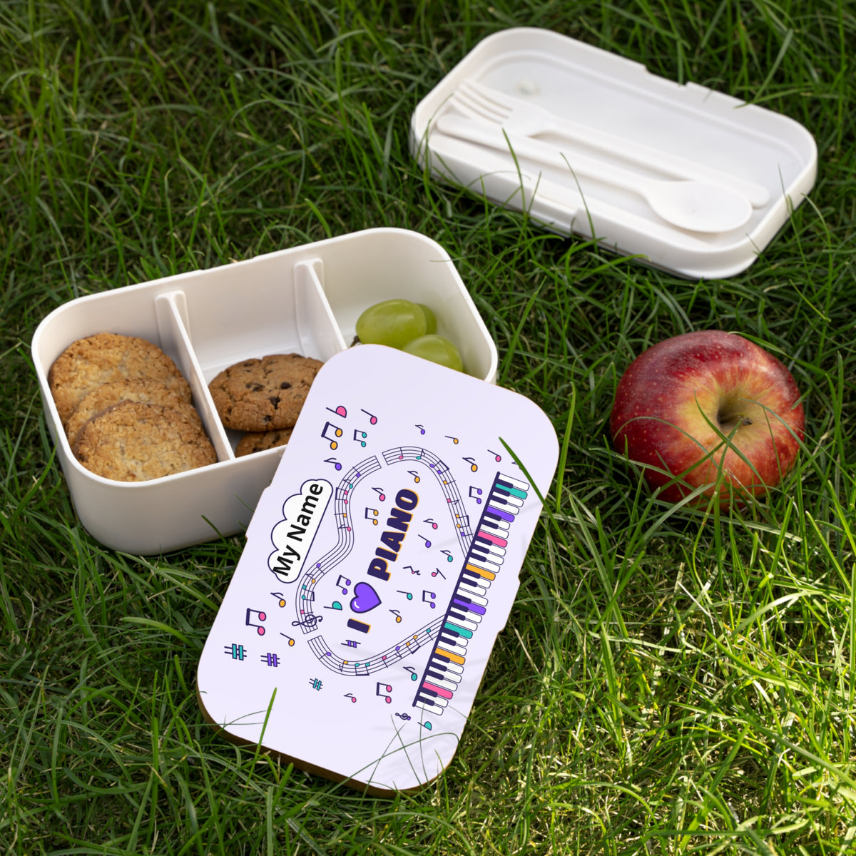 Music-themed Bento Lunch Box: 'I love piano' - violet