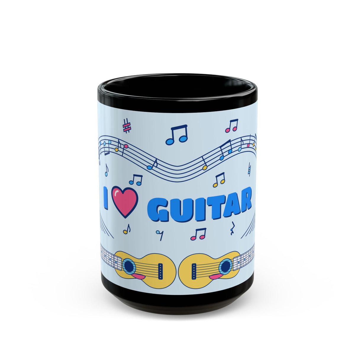 Music-themed Black Mug (11oz, 15oz): 'I love guitar' - blue