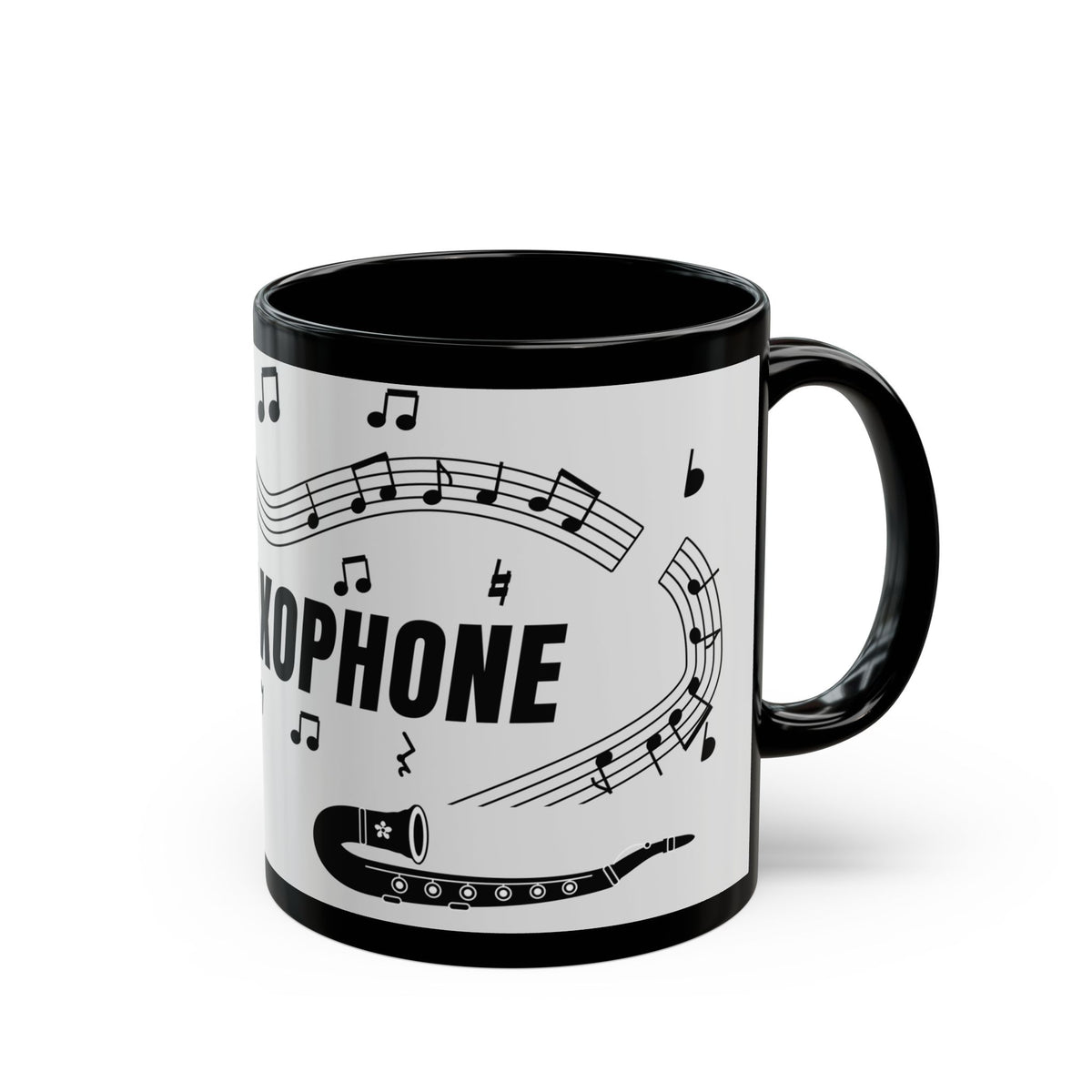 Music-themed Black Mug (11oz, 15oz): 'I love saxophone' - black on white