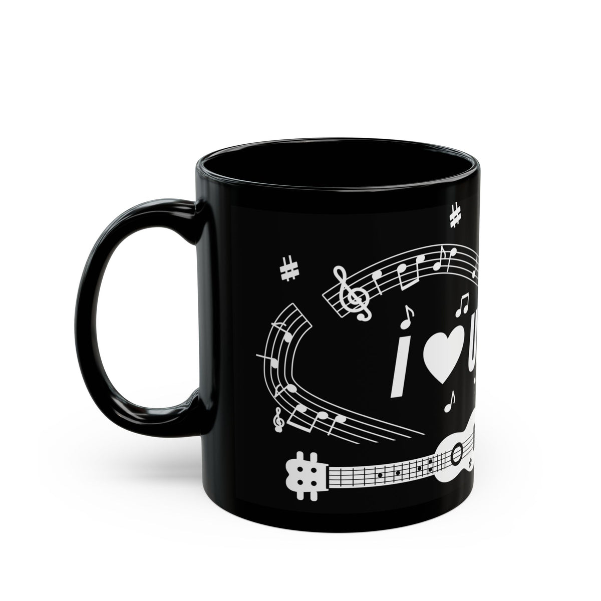 Music-themed Black Mug (11oz, 15oz): 'I love ukulele' - black & white