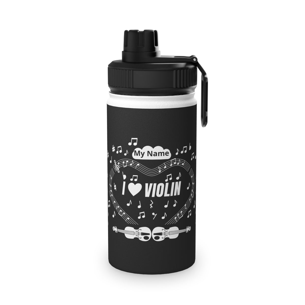 Music-themed Stainless Steel Water Bottle, Sports Lid: 'I love violin' - black & white