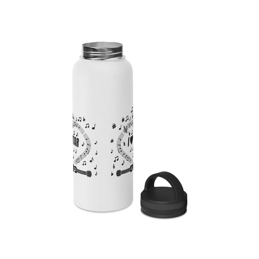 Music-themed Stainless Steel Water Bottle, Handle Lid: 'I love guitar' - black on white