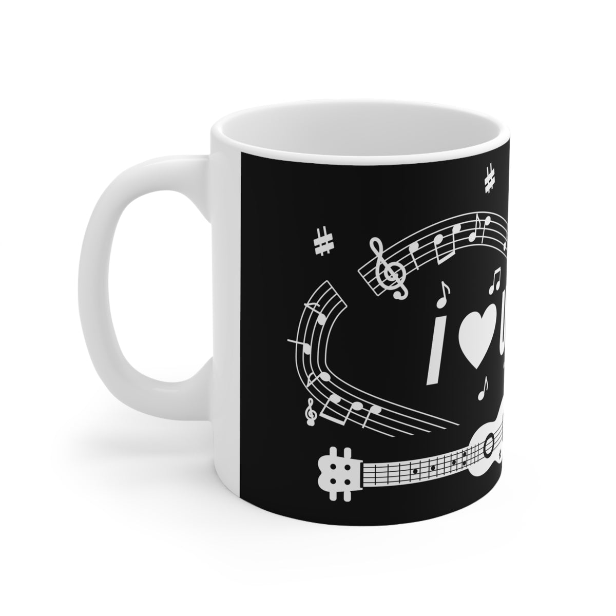 Music-themed Ceramic Mug, 11oz, 15oz: 'I love ukulele' - black & white