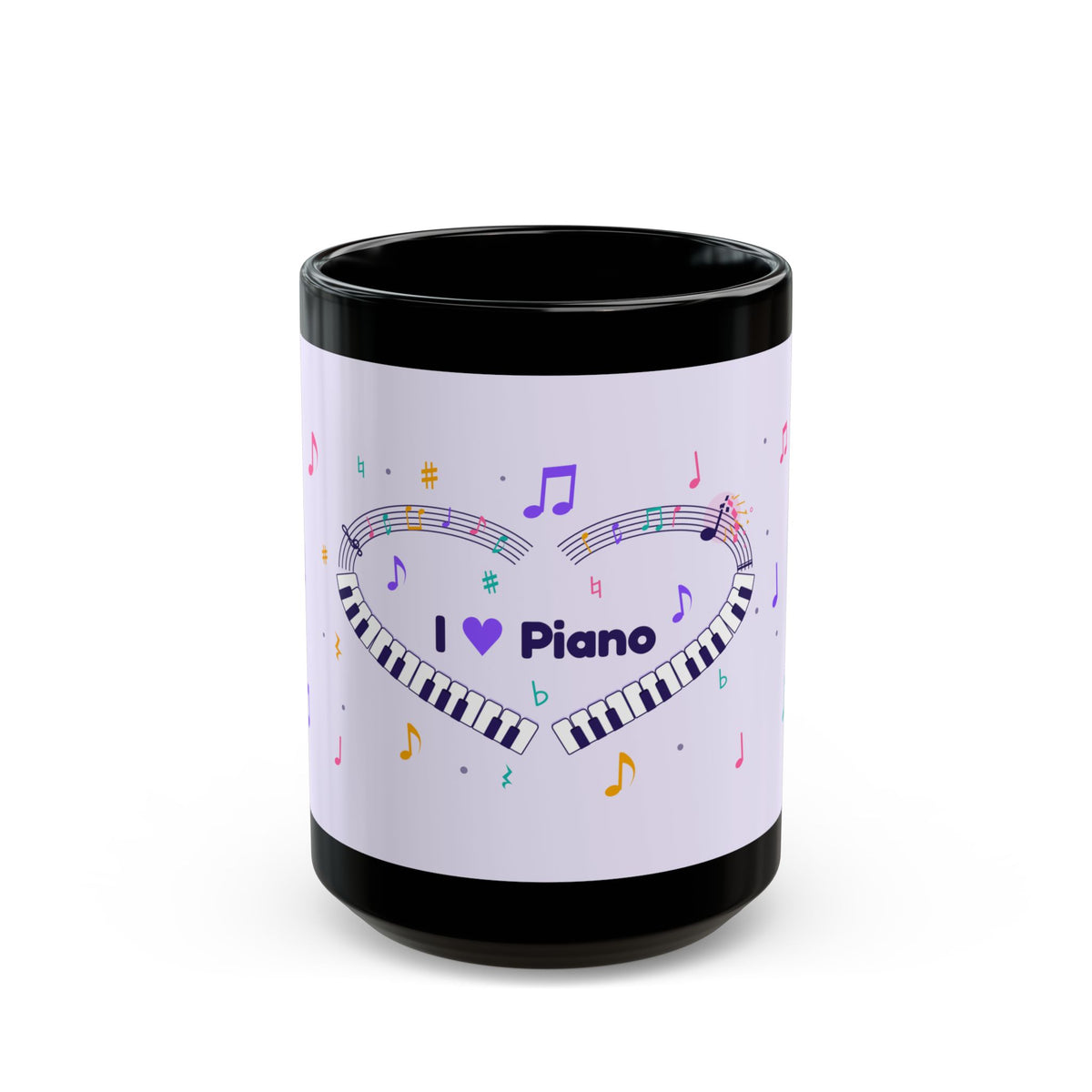 Music-themed Black Mug (11oz, 15oz): 'I love piano' heart - violet
