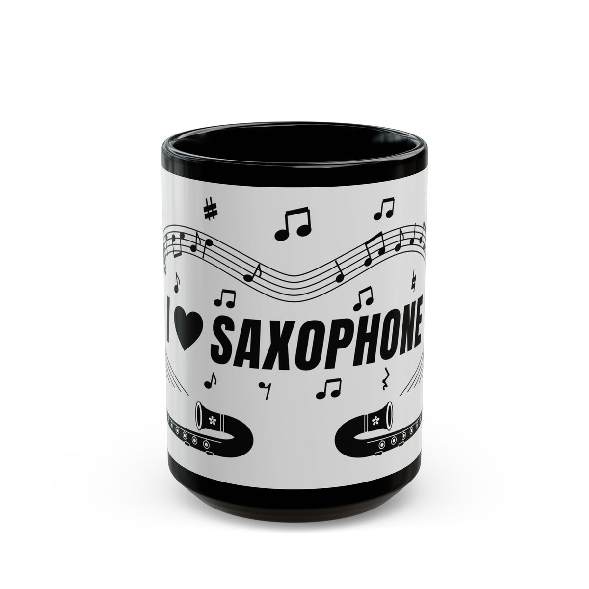 Music-themed Black Mug (11oz, 15oz): 'I love saxophone' - black on white