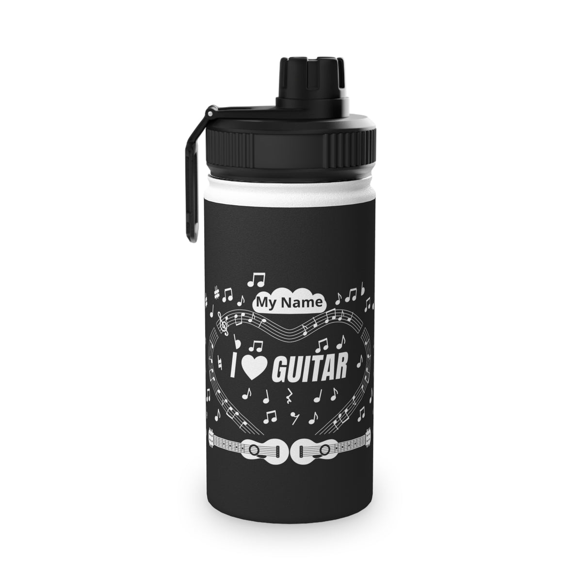 Music-themed Stainless Steel Water Bottle, Sports Lid: 'I love guitar' - black & white